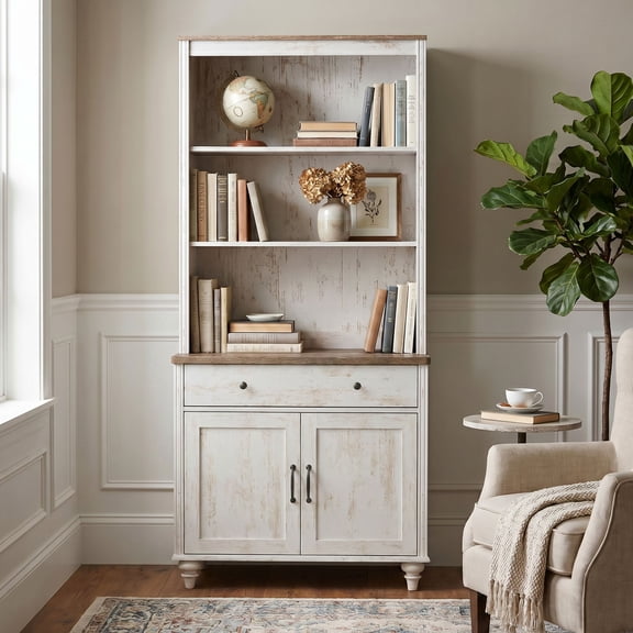 Farmhouse 5 Tier Bookcase With Drawer & Doors, Rustic White, 33.9" W