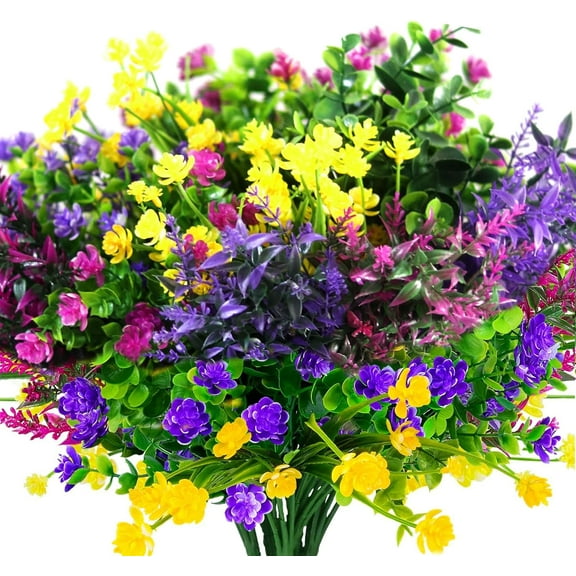 10 Bundles Artificial Fake Flowers Outdoor, 6 Styles UV Resistant No Fade Faux Plastic Greenery Shrubs Plants for Hanging Garden Porch Window Box Farmhouse Outside Decoration