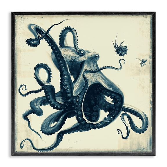 Stupell Industries Traditional Vintage Maritime Octopus Black Framed Giclee Art, 12 x 12, by Vlad Mel