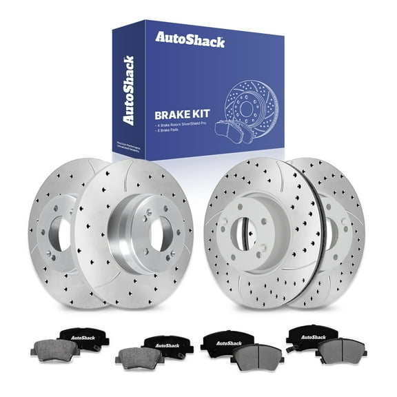 AutoShack Front Vented & Rear Solid Drilled & Slotted Silver Zinc Coated Brake Rotors   Ceramic Pads 12-PC Brake Kit Replacement for 2015-2016 Kia Forte5 2014 Hyundai Veloster SilverShield Pro