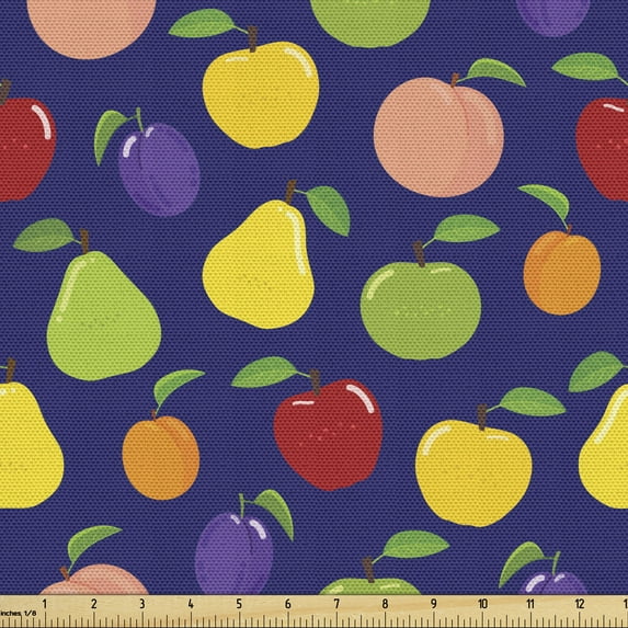 Fruit Fabric by the Yard, Continuous Pattern of Various Colorful Juicy Pear Plum Peach Apple Apricot, Decorative Upholstery Fabric for Sofas and Home Accents, Dark Blue Multicolor by Ambesonne