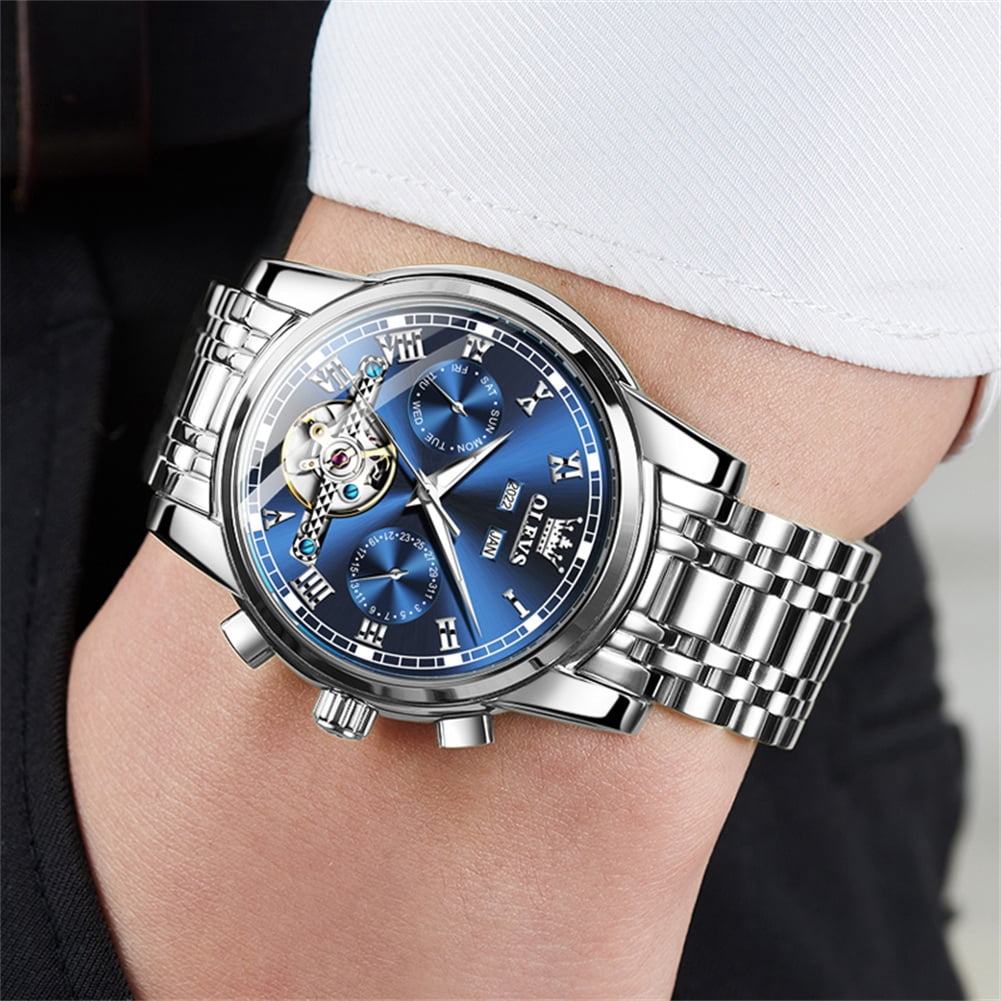 OLEVS Automatic Watches for Mens Self-Winding Mechanical Chronograph Classic Fashion Business Tourbillon Skeleton Stainless Steel Waterproof Luminous Mens Wrist Watches Reloj Para Hombre