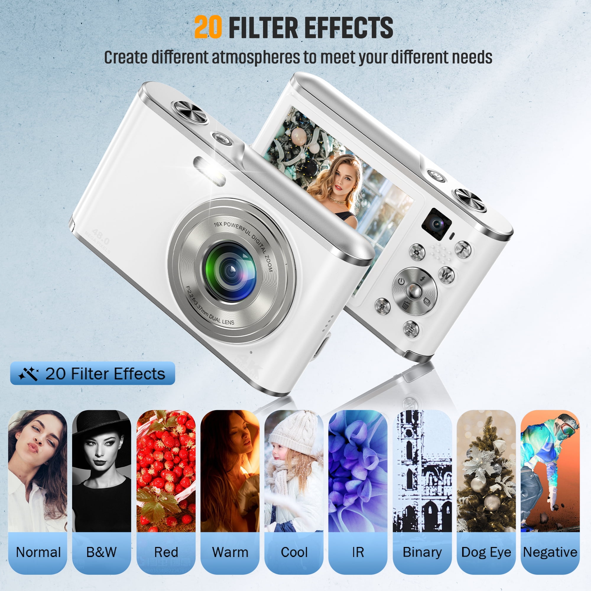 4K 48MP Vlogging Camera with 2.8" Screen, Autofocus & 16X Zoom, Front/Rear Cameras, 32GB TF Card Included, Portable for Travel (White)