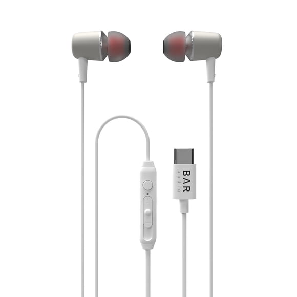 Bar Audio Wired In-Ear Headphones USB Type-C Connector Built-in Microphone & Volume Control Durable Construction Noise Isolating Sound Custom-Fit Earpieces (S/M/L) Crystal-Clear Bass & Trebel (White)