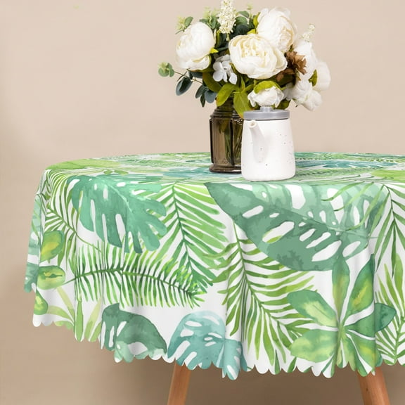 Nanqianyi Tropical Leaf Round Tablecloth 60 inch Watercolor Style Waterproof & Oil Table Cover for Dinner Picnic Decor
