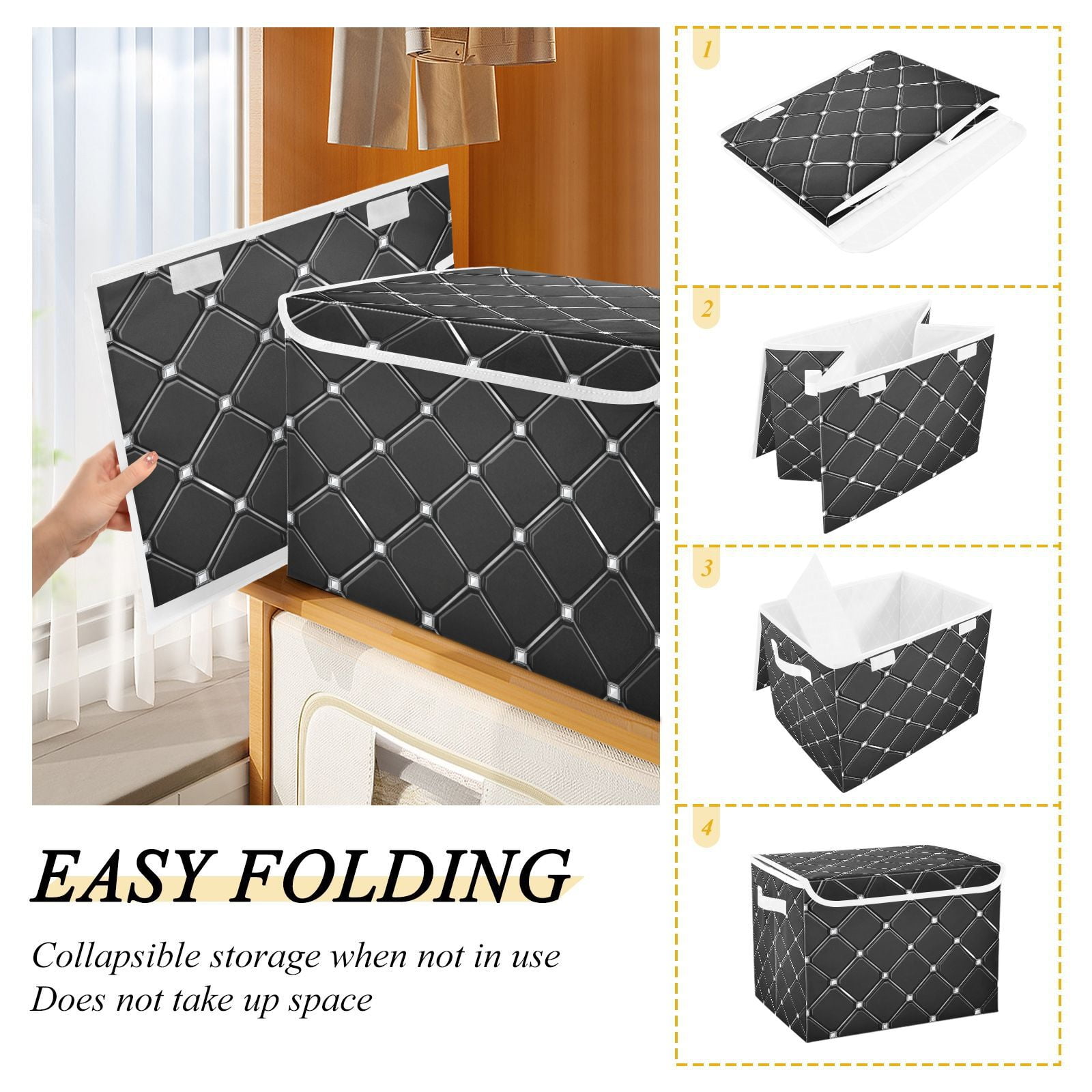 Black Cubes Storage Basket for Shelves Foldable Container Organizer for Organizing Toys Clothes Books with Handles