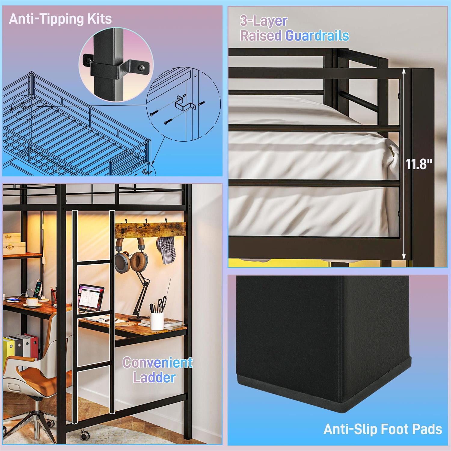 Demi Bonn 78" Modern Metal Frame Loft Bed with Desk and Charging Station, LED Lights, for Teenagers and Guests, Black