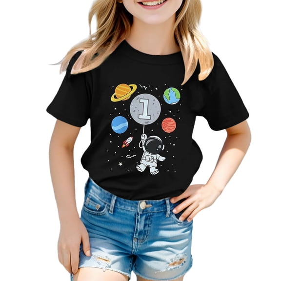 ZXLBBD Girls Short Sleeve Space Themed Graphic Round Neck T Shirt for Toddler Kids Cute Trendy Tee Top Comfort Soft Casual School Wear