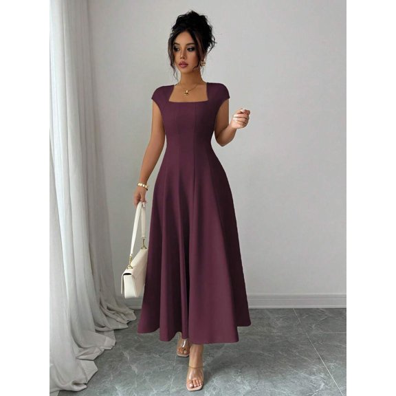 Maroon Womens Square Neck Cinched Waist A-Line Midi Dress For Spring Summer Casual Vacation