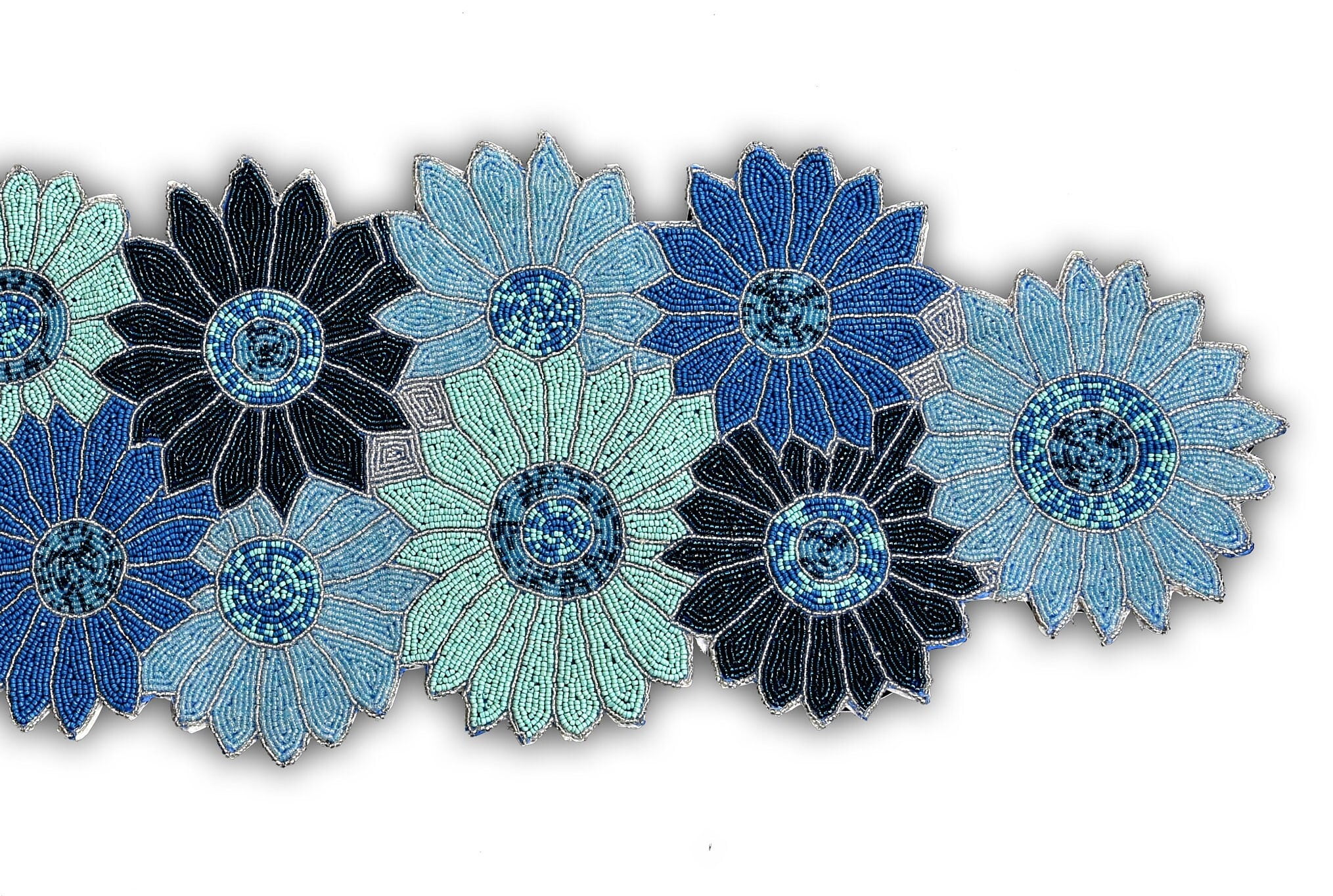 Handmade Beaded Table Runner, Blue Floral Table Runner, Spring Tableware 13X36 Inch