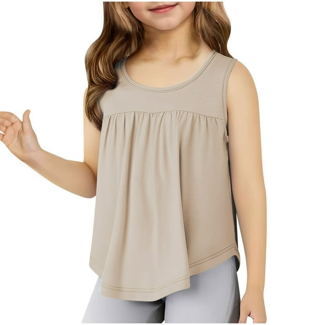 Girls Solid Ruffled Hem Tank Tops Kids Crew Neck Sleeveless Tops 4-14Y Casual Tees