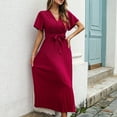 thumbnail image 2 of Fesfesfes Pleated Chiffon Dress for Women V Neck Short Sleeve Evening Gowns Loose Casual Waist Lace Up Long Dress Semi Formal Wedding Guest Dress, 2 of 8