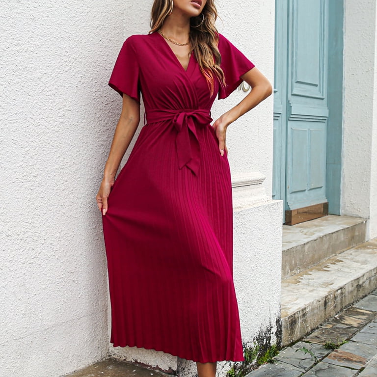 Fesfesfes Pleated Chiffon Dress for Women V Neck Short Sleeve Evening Gowns  Loose Casual Waist Lace Up Long Dress Semi Formal Wedding Guest Dress