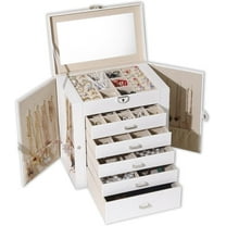 Jewelry Box For women, 6 Layer Large Jewelry Organizer With Mirror, Multi-Function Storage Box With Lock, Accessory Holder With 5 Drawers, For Earrings Necklace Ring Bracelet (White)