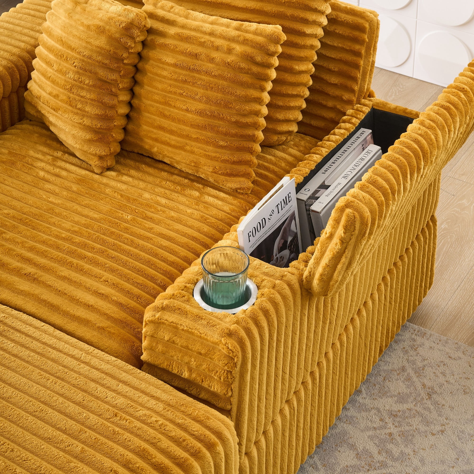 Chaise Lounge Chair,Corduroy Upholstered Sofa Bed with 3 Throw Pillows,Sleeper Reading Chair for Living Room,Bedroom,Orange