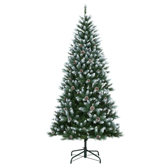 Festisoul Snow Flocked Artificial Christmas Tree, 7.5ft Christmas Tree with Pinecones, Xmas Trees with Hinged Structure & Foldable Metal Stand, for Holiday Decor