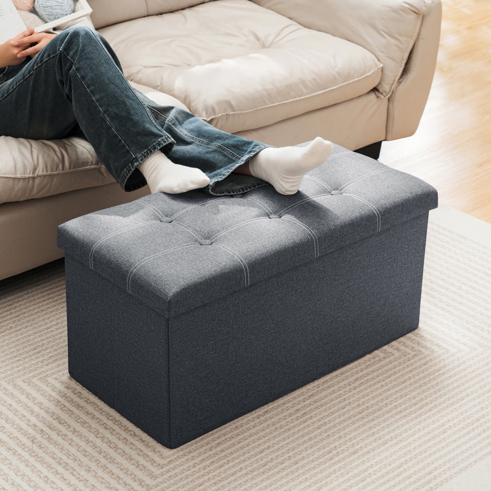 Lusimo 30" Storage Ottoman Bench with Divider, Multifunctional Foot Stool, Toy Chest & Shoe Bench for Bedroom, Living Room, and Entryway, Foldable Storage Chest with Seating, Gray