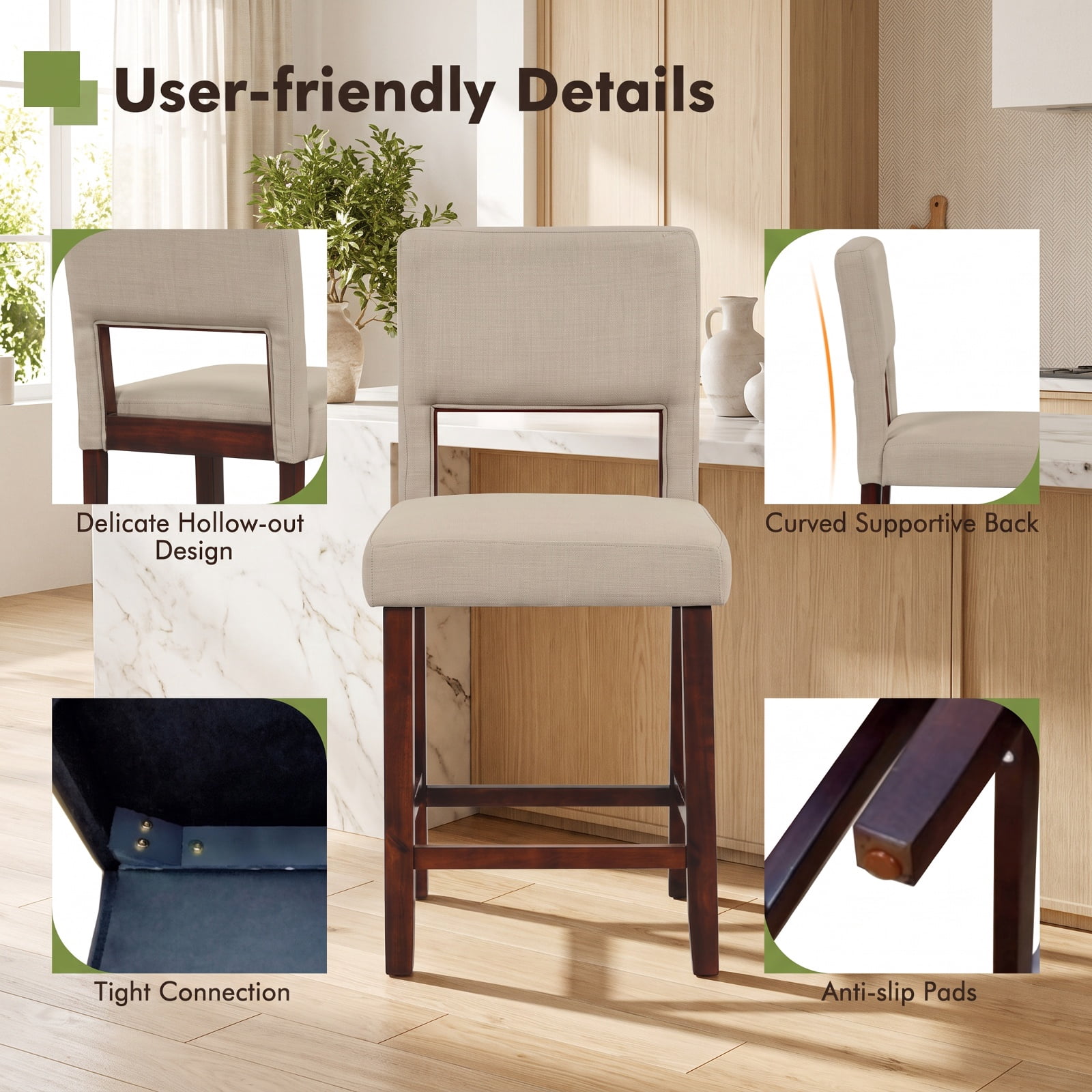 Furnibear Set of 2 Bar Chairs with Hollowed Back and Rubber Wood Legs in Beige