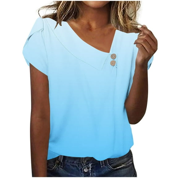 Summer Tops for Women 2026 Gradual Casual Short Sleeve T-Shirt Fashion Slanted Neck Button Shirts