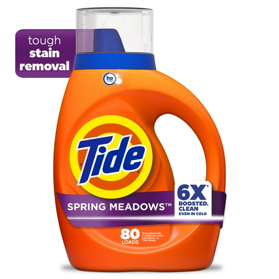 Tide Laundry Detergent Liquid with 6X Boosted Cleaning Power, Spring Meadow Scent, 80 fl oz, 64 Loads