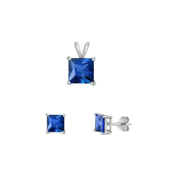 Sterling Silver Princess Cut 4mm Blue Simulated Sapphire Earrings & 6mm Pendant Set 925 Jewelry Female