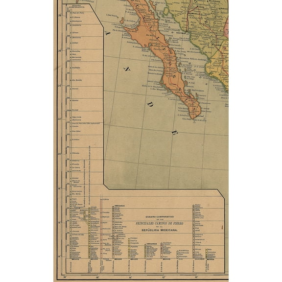24"x36" Gallery Poster, map of mexico 1884