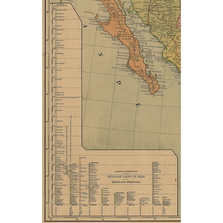 24"x36" Gallery Poster, map of mexico 1884