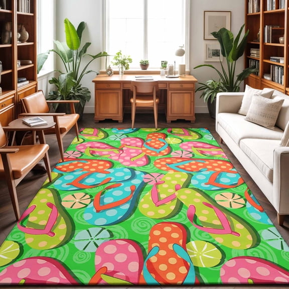 Large Area Rugs 5'x8', Watercolor Flip Flop Carpet Runner Indoor Outdoor Rugs Home Decor Aesthetic, Ocean Beach Slippers Summer Non Slip Mats Washable Accent Rug for Living Room Bedroom