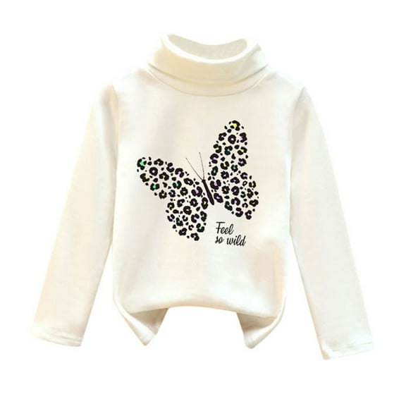 WOYY Little Girl's Undershirt Butterfly Print Turtleneck Pullover Long Sleeve T-Shirt