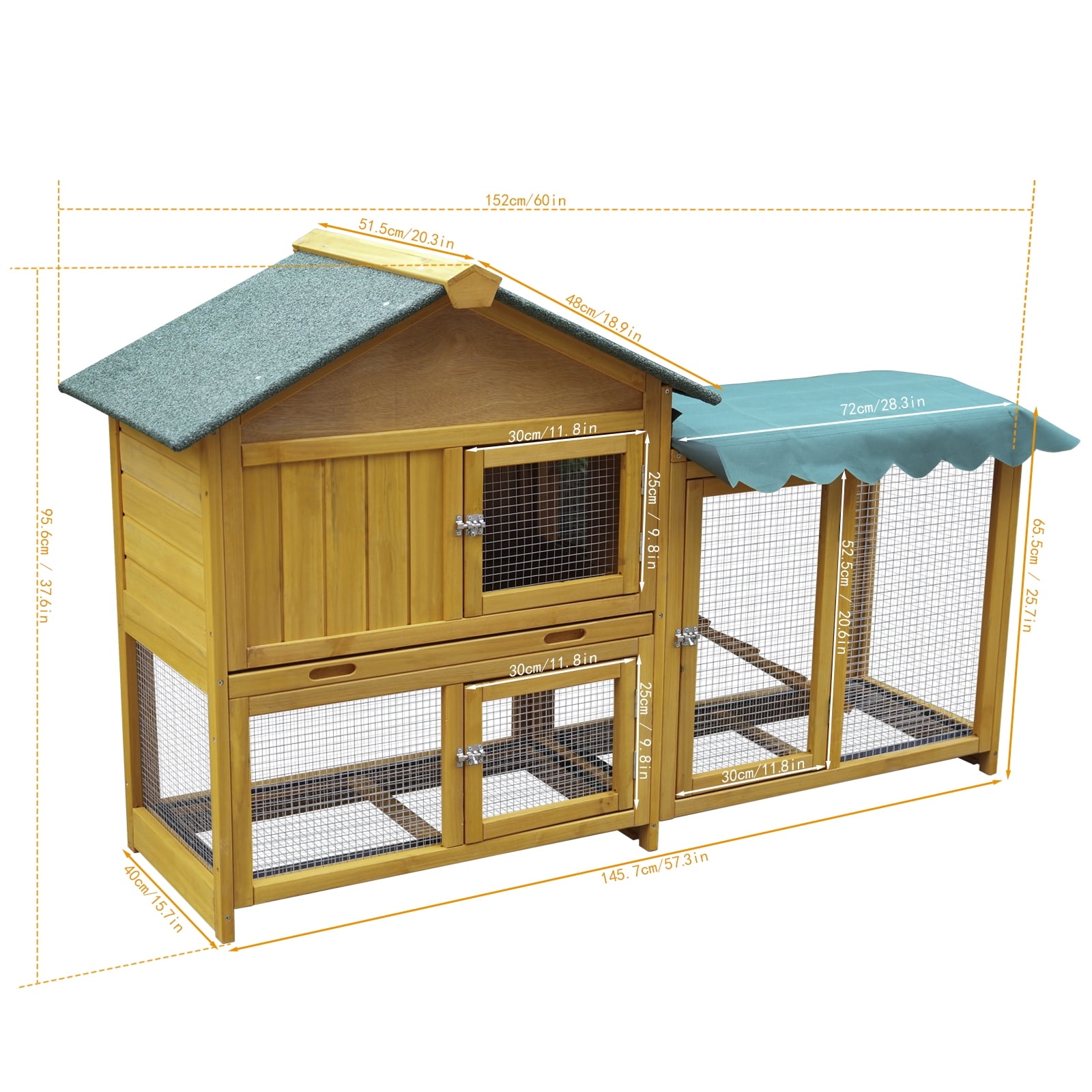 ZephyPaws 60" L Large Rabbit Hutch Outdoor Indoor,Expandable 2-Story Wooden Bunny Cage with Run,Removable Tray,Protection Cover,3 Entrances,Brown