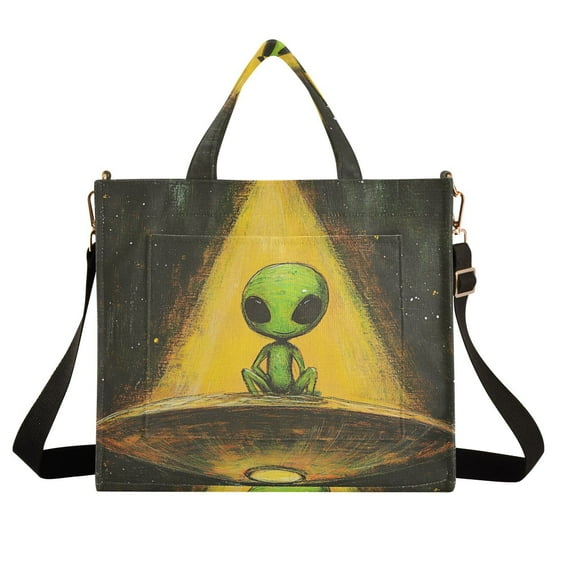 Green Alien Corduroy Tote Bag Handbag Large Messenger Bag Shoulder Crossbody Zipper Bag Purse