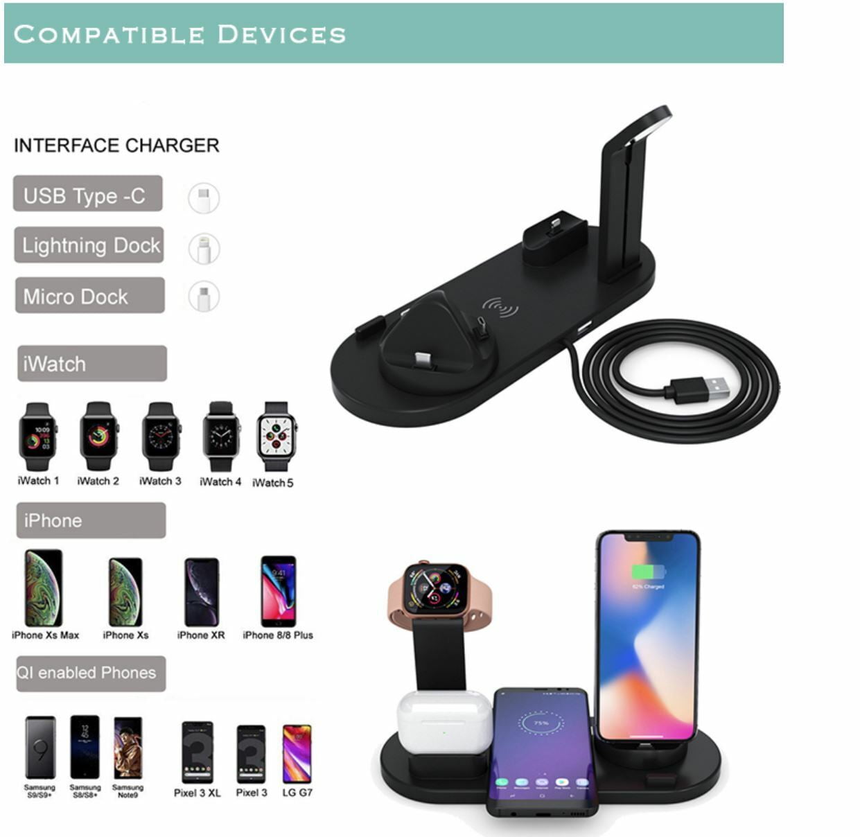 Wireless Charger Stand, 4 in 1 Wireless Charging Station for All Apple Watch Series, AirPods Pro 3/2/1, iPhone 14/14 Plus/13/12/11 Pro/Pro Max/X/XS Max,Samsung Phone