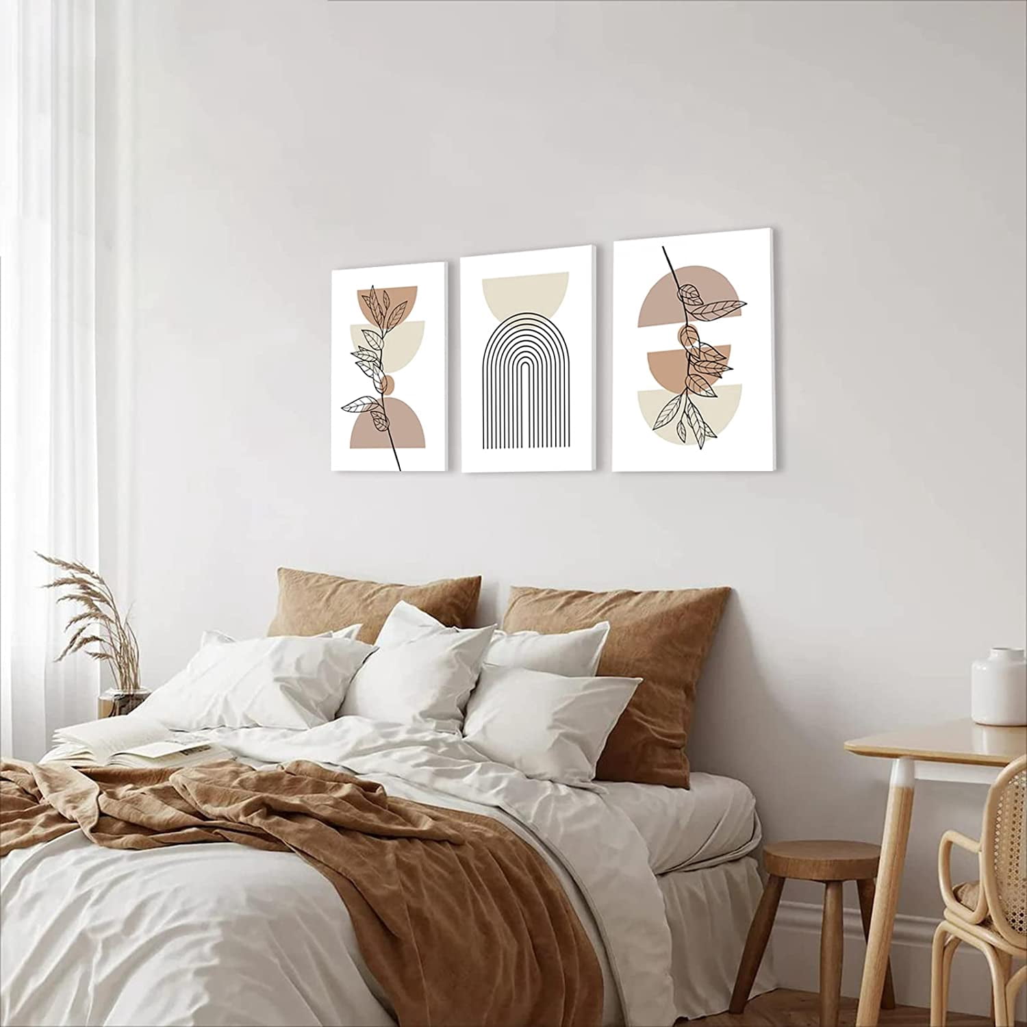 Minimalist Boho Wall Art Set of 3, Mid-Century Modern Wall Art, Framed Canvas Wall Art Moon Botanical Geometric Neutral Abstract Artwork Prints Modern Boho Room Wall Decor for Living Room,12x16