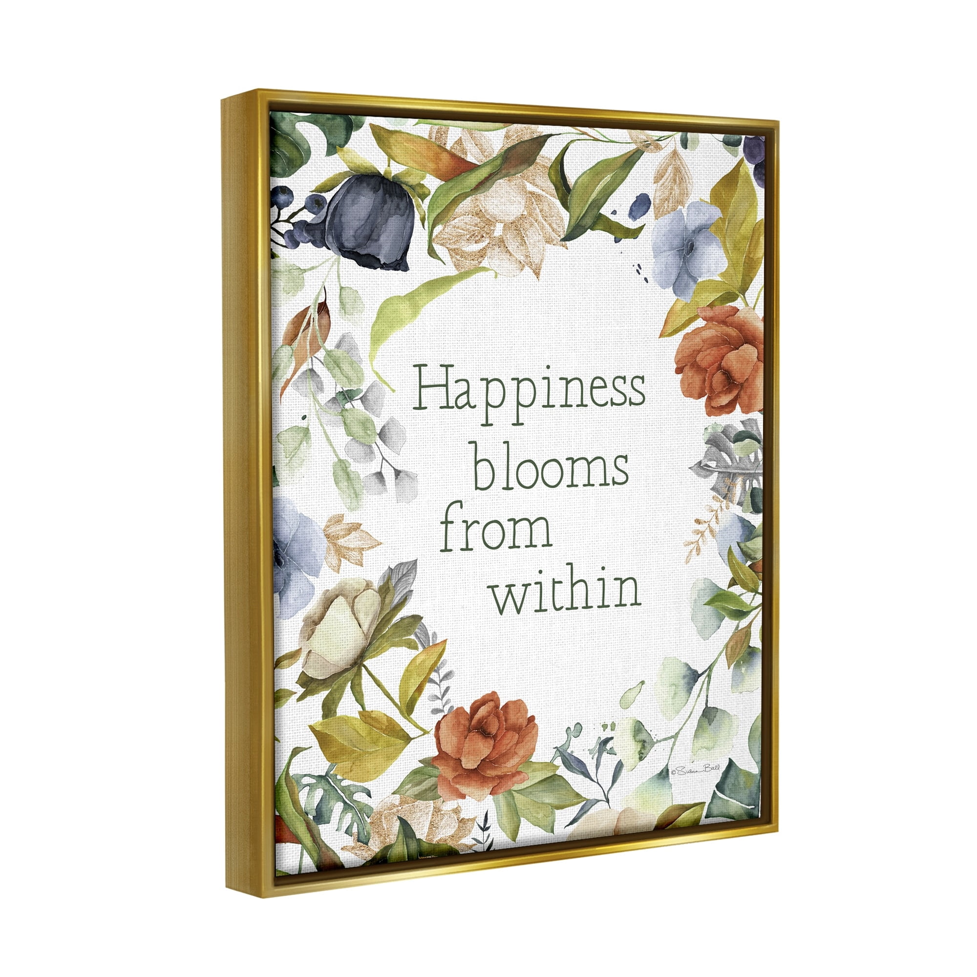 Stupell Industries Happiness Blooms From Within Comforting Floral Border Graphic Art Metallic Gold Floating Framed Canvas Print Wall Art, Design by Susan Ball