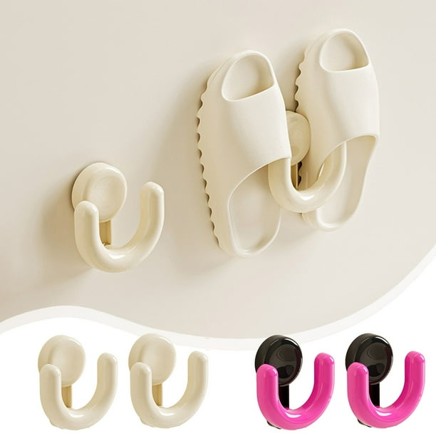 Soporte de ventosa sin taladro para zapatillas de baño | Gancho de plástico duradero para zapatillas, bolsas Objetos pequeños | Compacto 12x11x6 cm | Beige y rosa intenso | Conjunto de 2 ganchos