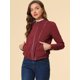 thumbnail image 3 of Chaqueta corta de motociclista con cuello alto Piel sintética asimétrica con cremallera frontal para mujer borgoña M, 3 of 6