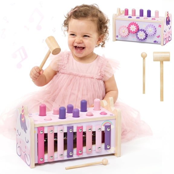 Montessori Toys for 1 Year Old, Wooden Montessori Learning Toys for Toddler, Hammering Pounding Toy with Xylophone, Unicorn Toys, Wood Preschool Learning Fine Motor Skills Game