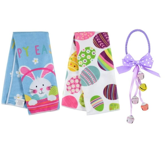 Easter Dish Towels Set of 2 and 1 count Pastel Spring Easter Dangling Bell Door Hanger Happy Easter Bunny Decorative Towels Kitchen Easter Kitchen Towel Set