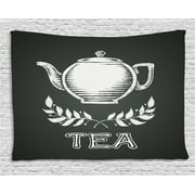 Tea Tapestry, Teapot with Leaf Branches Drawn to Chalkboard Grunge Traditional Culture Print, Wall Hanging for Bedroom Living Room Dorm Decor, 80W X 60L Inches, Charcoal Grey White, by Ambesonne