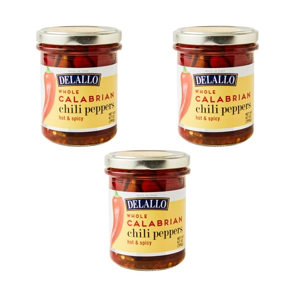 DeLallo Whole Calabrian Chili Peppers, 6.7 oz Jar, Grown in Italy, Ready to Serve (3-Pack)