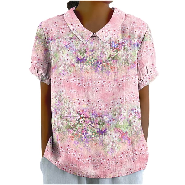 Blusas de Manga Corta para las Mujeres Cuello de Muñeca Lindo Lino Algodón, Impreso Suelto Camiseta para el Uso Casual, Diario Y de Verano
