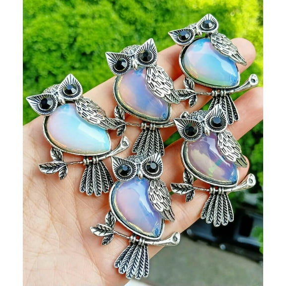 K-KED 5pcs Opal Stone Owl Pendants Chakra Reiki Healing Amulet Energy