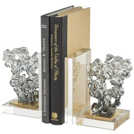 DecMode 5" Handmade Freeform Coral Clear Glass Bookends with Clear Gold Supports (Set of 2)