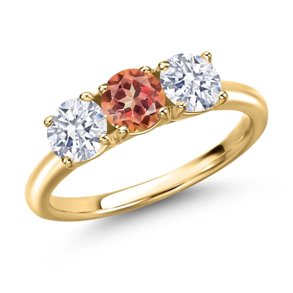 Gem Stone King 18K Yellow Gold Plated Silver Ecstasy Mystic Topaz and White Zirconia Engagement Ring for Women | 2.50 Cttw | Round 5MM | Gemstone November Birthstone | Size 9