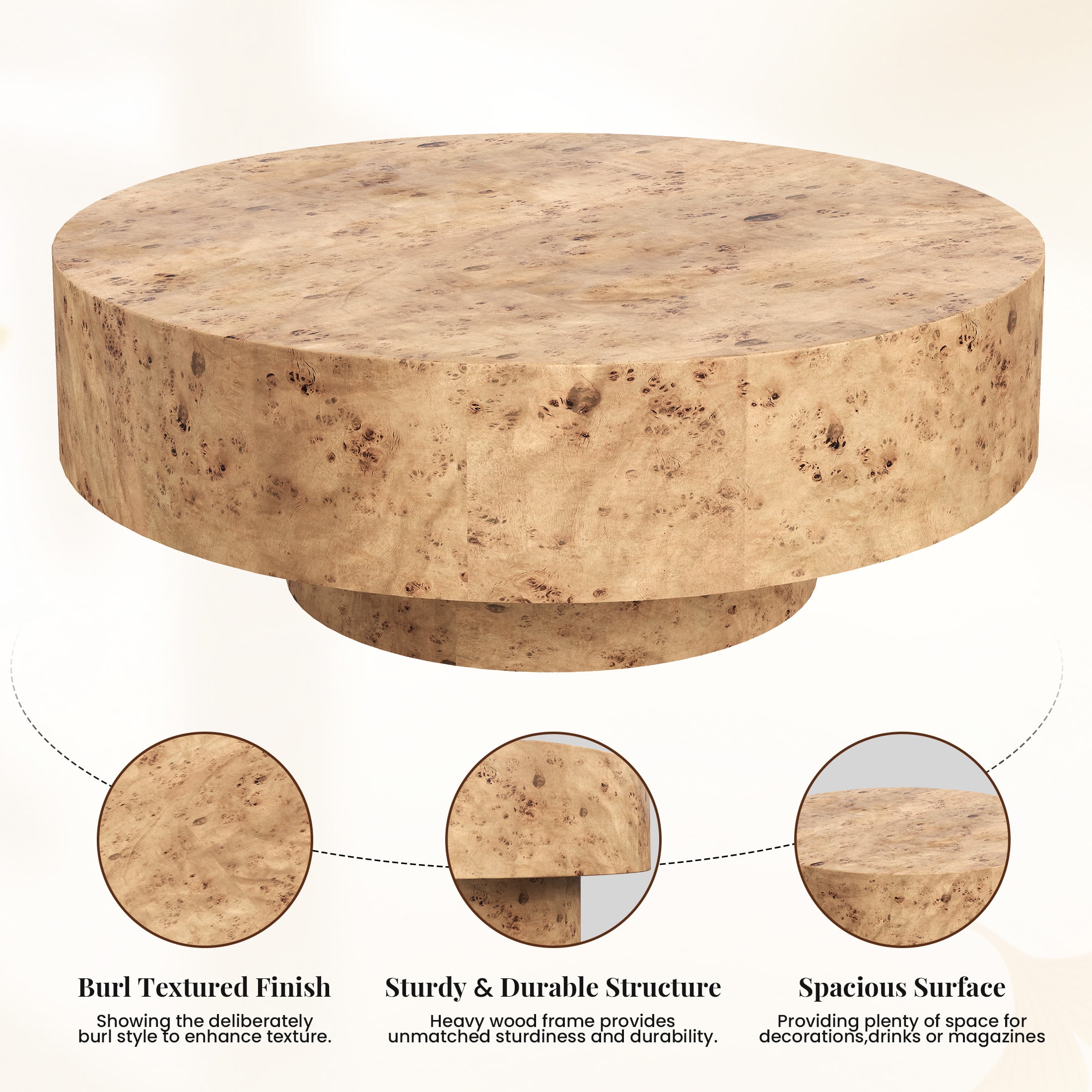Gelloan 35" Round Coffee Table, Modern Drum Burl Coffee Tables for Living Room 35" Mid Century Wooden Pedestal Circle Accent Small Center Apartment Easy Assembly,Burl