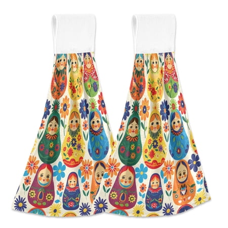 2 Pcs Russian Matryoshka Kitchen Hand Towels with Hanging Loops Absorbent Soft Fast Drying Decor Bath Towels