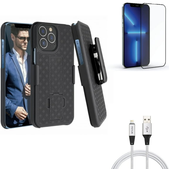 Screen Protector & 10ft USB Cable & Case Belt Clip for iPhone 13 Pro Max ONLY - Anti-Glare Tempered Glass Matte   Charger Cord Power Wire   Holster Swivel Cover Combo
