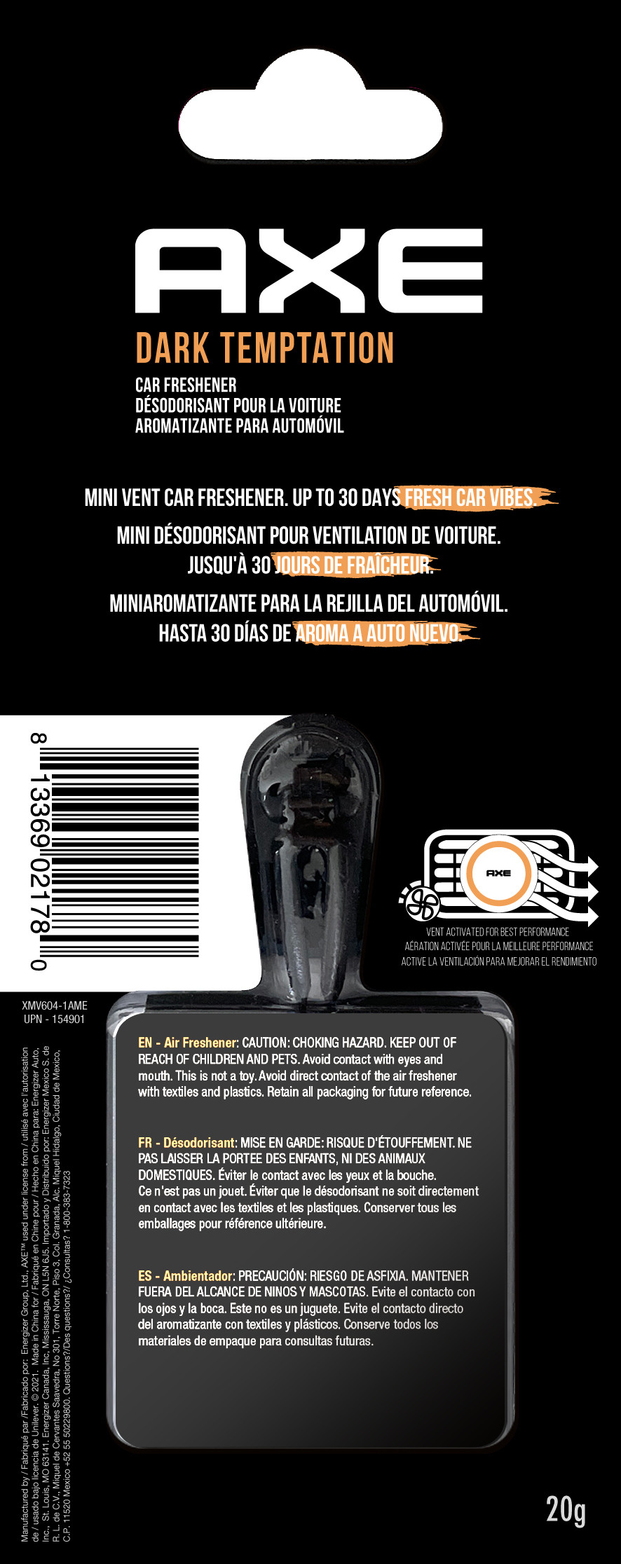 Axe Car Air Freshener Mini Vent Clip Dark Temptation, 1 Pack