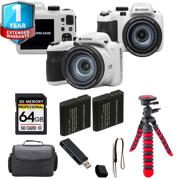 Kodak PIXPRO AZ425 Digital Camera (White) Tripod 1 Yr Warranty - 64GB Kit