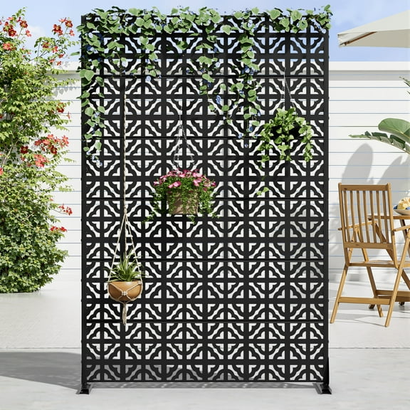 MAYEERTY 72 × 47in Outdoor Privacy Screen with Stand Metal Balcony Decorative Screen, Black